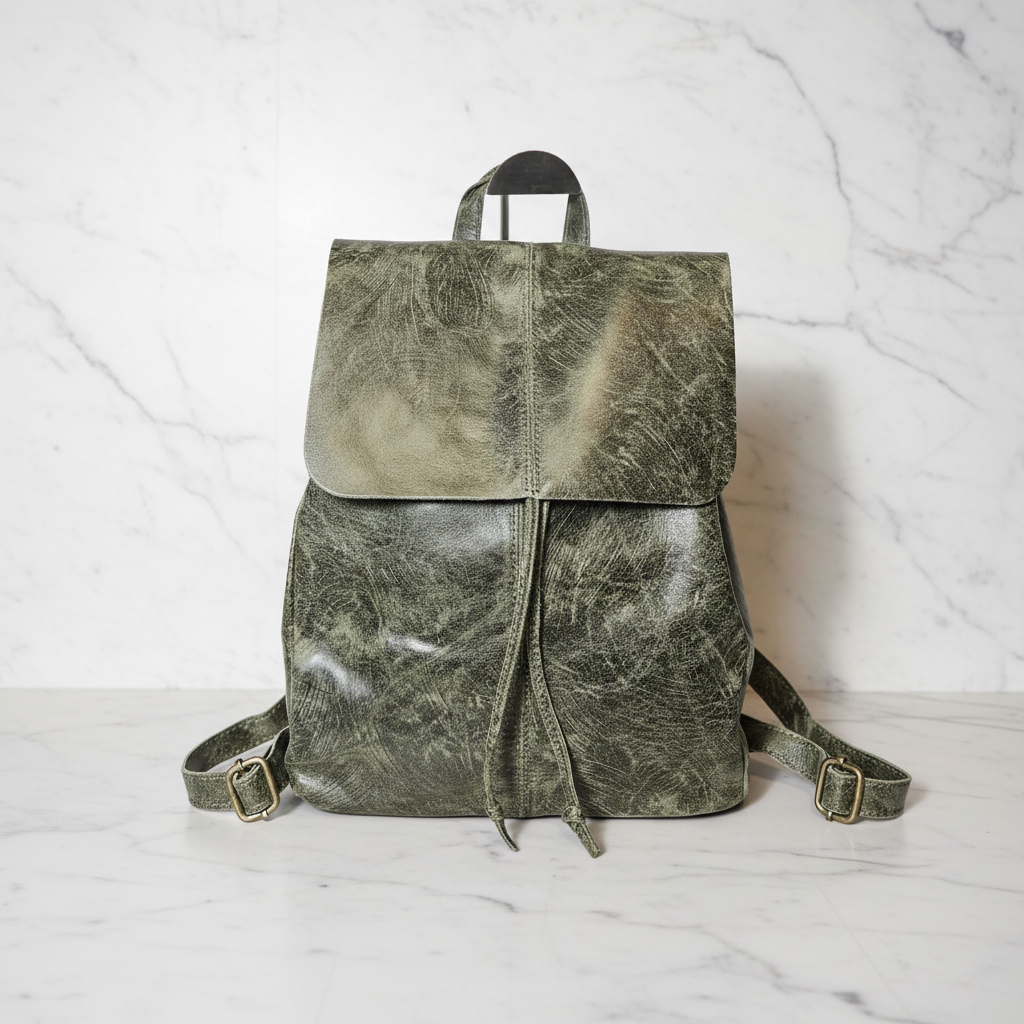 Rucsac din piele naturală, verde, fabricat în Italia 