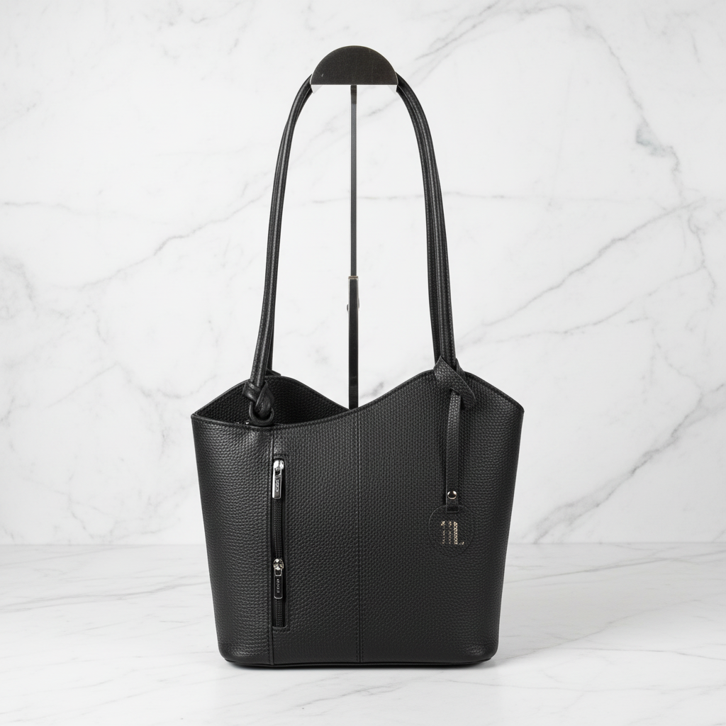 Einkaufstasche & Rucksack 2-in-1 aus echtem Leder – Schwarz – Hergestellt in Italien