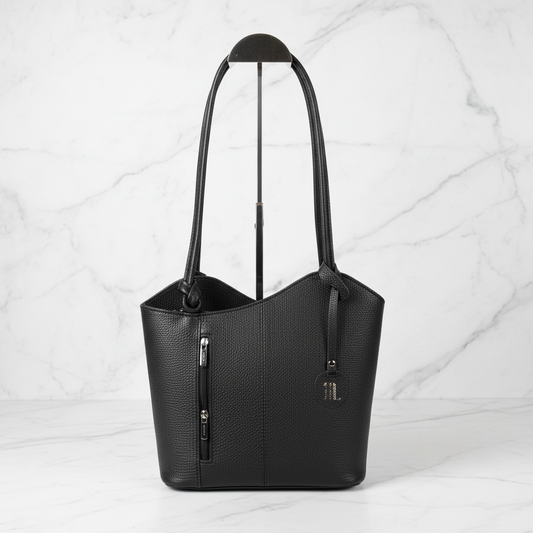 Einkaufstasche & Rucksack 2-in-1 aus echtem Leder – Schwarz – Hergestellt in Italien