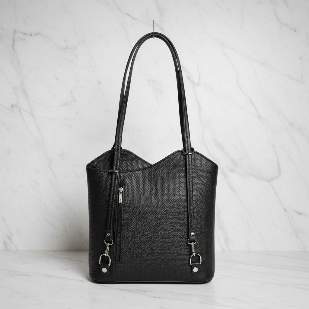 Einkaufstasche & Rucksack 2-in-1 aus echtem Leder – Schwarz – Hergestellt in Italien